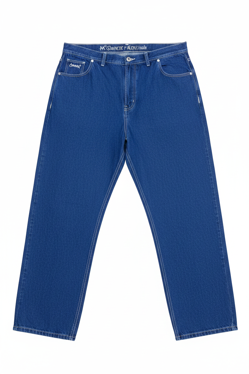 Jeans azul royal costuras blancas fondo blanco