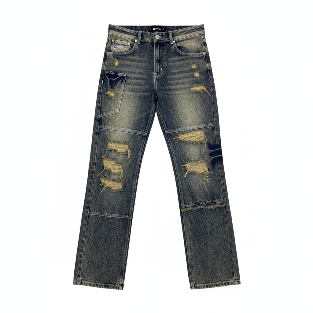 Jeans CRAZY desgastados de cargo sobre fondo blanco