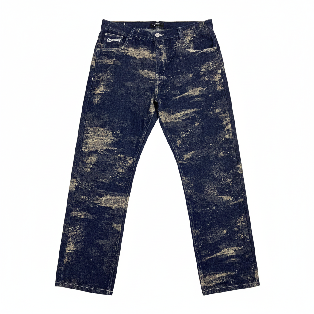 Jeans CRAZY índigo con textura de pintura sobre fondo blanco