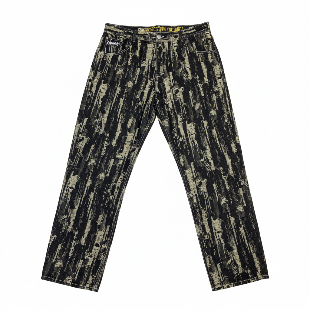 Jeans CRAZY negros con textura de pintura sobre fondo blanco