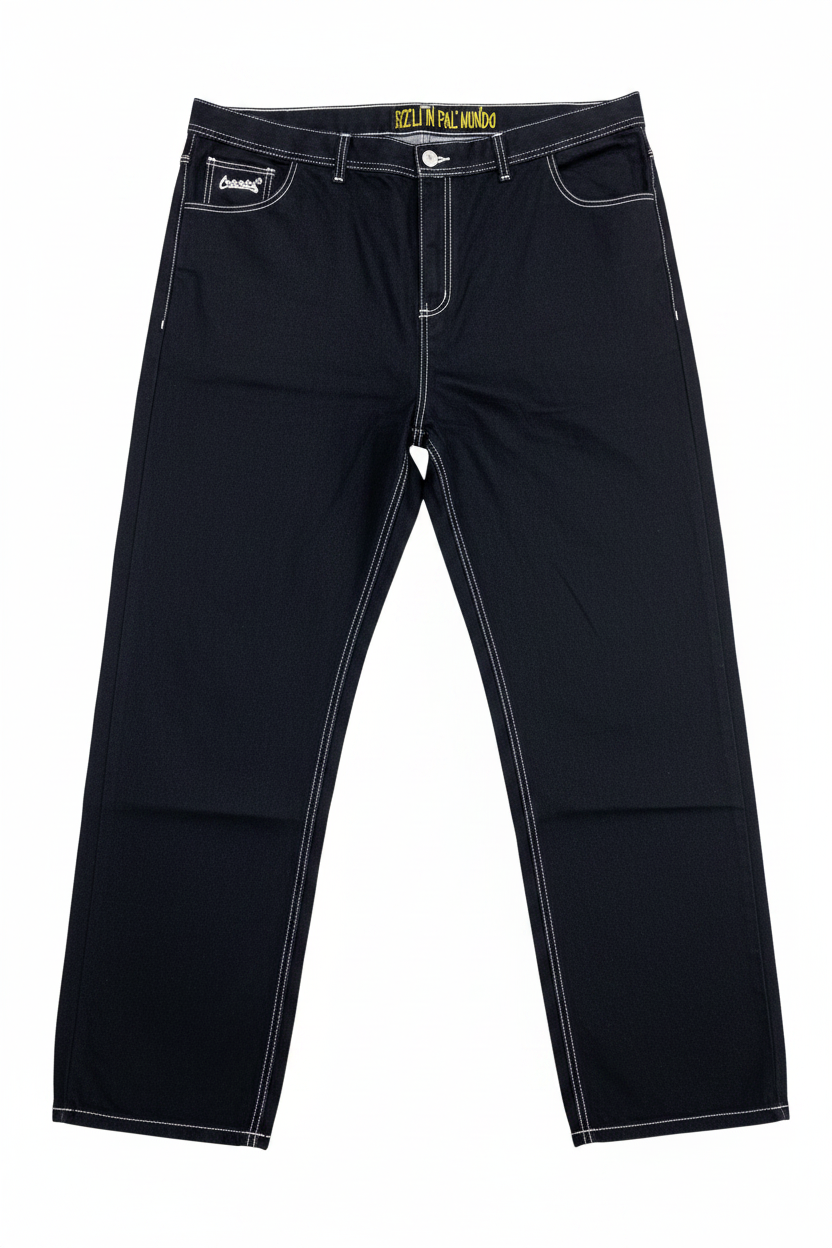 Jeans negro costuras blancas fondo blanco