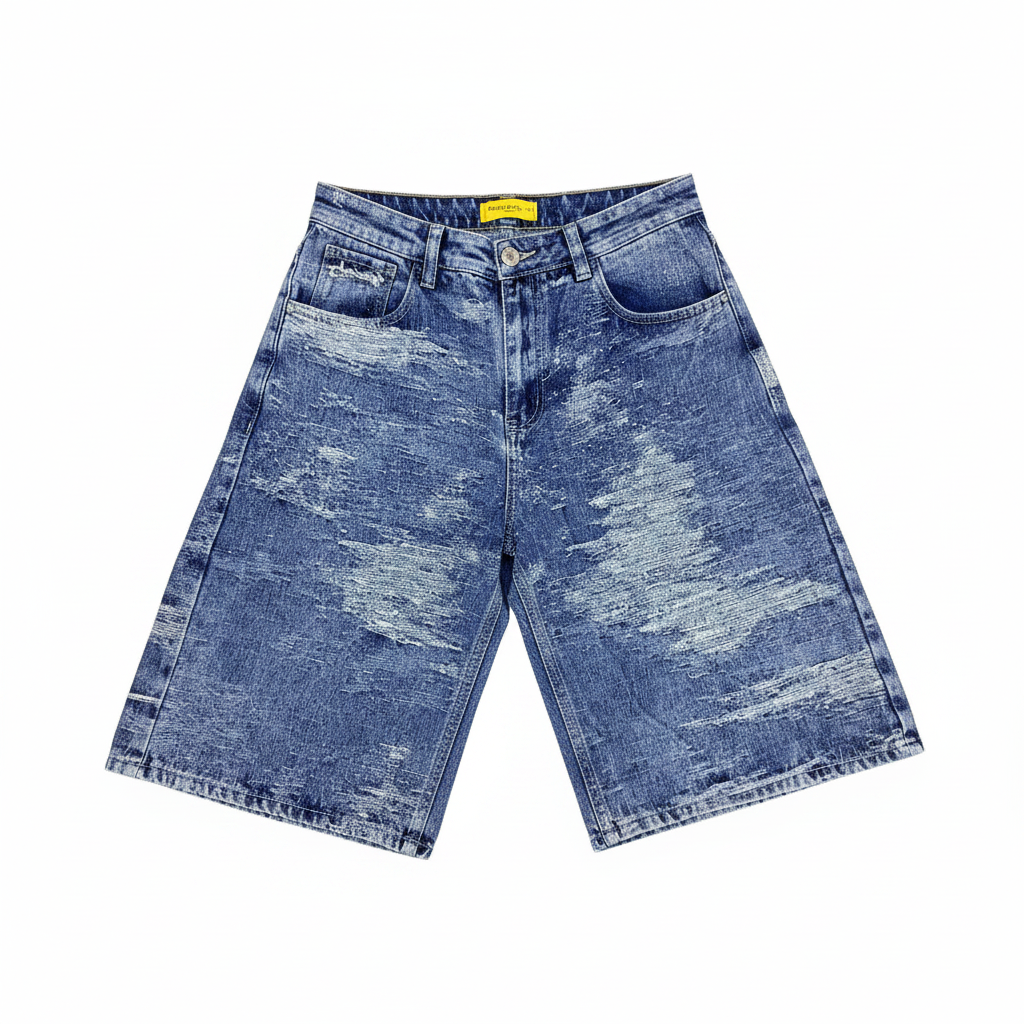 Short azul medio distressed fondo blanco