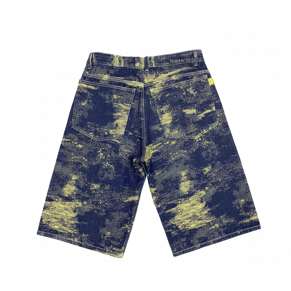 Short paint splatter vista trasera fondo blanco